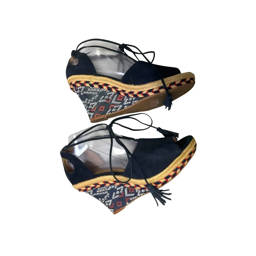 Cabi Navy Blue Lace Up Tassel Wedge Espadrille‎ Sandals Women's 8.5M Boho Summer